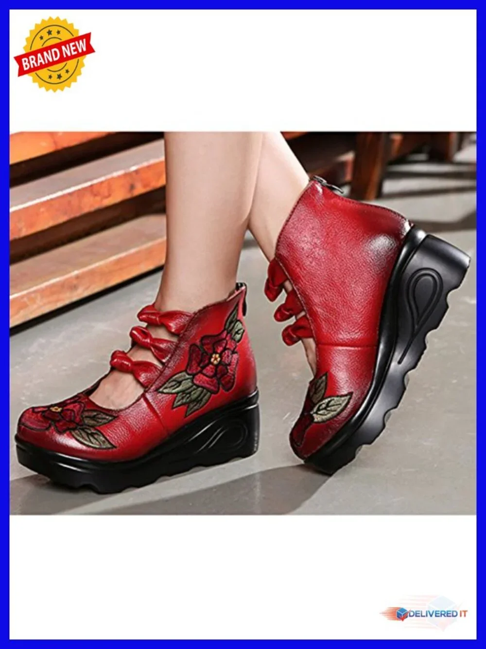 Leather Round Toe Platform Wedges Mary Jane Pumps
